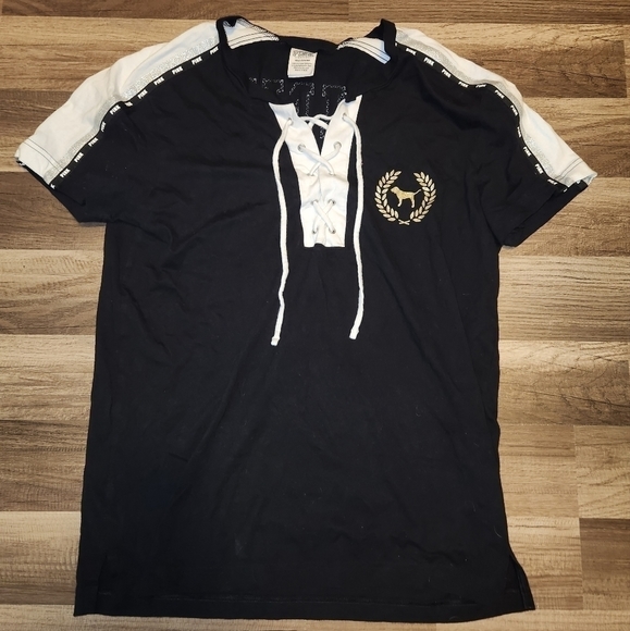 VICTORIA'S Secret Pink Black And Gold Glitter Shirt Size Small - Picture 2 of 4